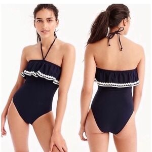 J.Crew Ruffle Bandeau One-Piece Swimsuit in Navy Piqué Nylon with Rickrack, US 8